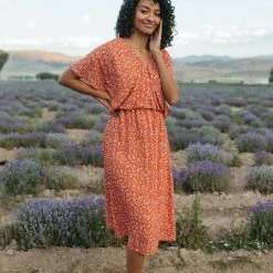 Piper & Scoot: The Campbell Dolman Sleeve Midi Dress In Rust Floral