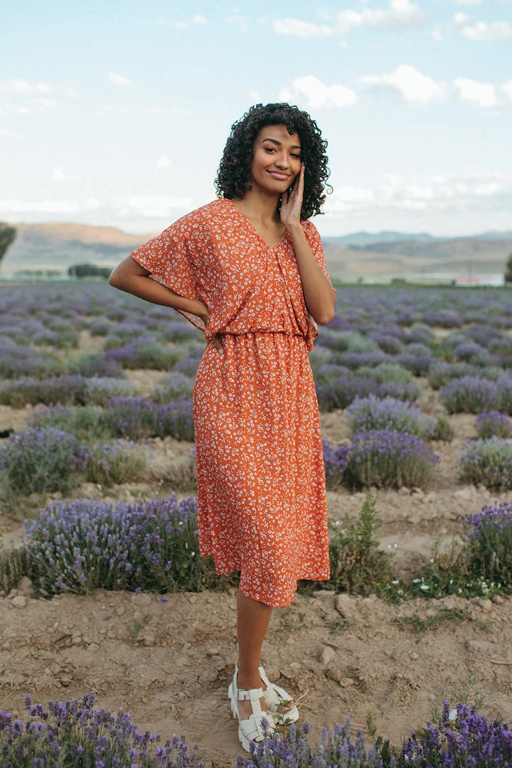 Piper & Scoot: The Campbell Dolman Sleeve Midi Dress In Rust Floral