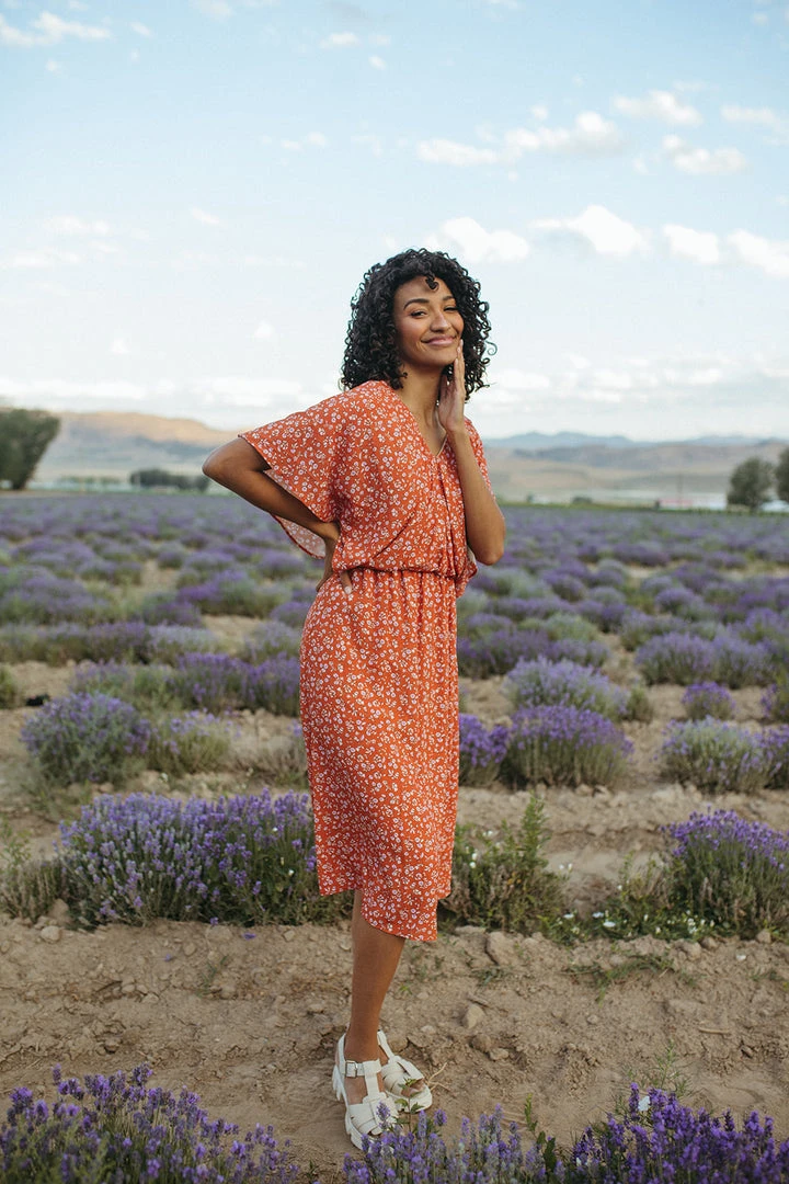 Piper & Scoot: The Campbell Dolman Sleeve Midi Dress In Rust Floral