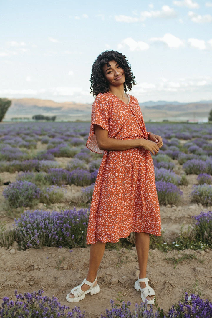 Piper & Scoot: The Campbell Dolman Sleeve Midi Dress In Rust Floral