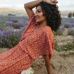 Piper & Scoot: The Campbell Dolman Sleeve Midi Dress In Rust Floral