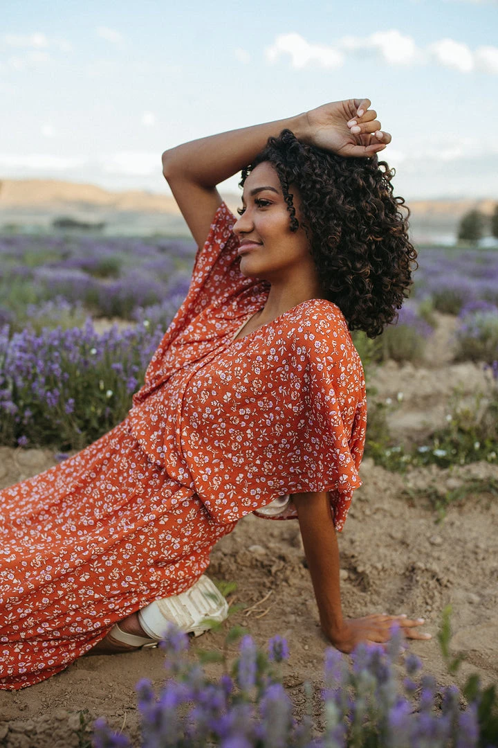 Piper & Scoot: The Campbell Dolman Sleeve Midi Dress In Rust Floral