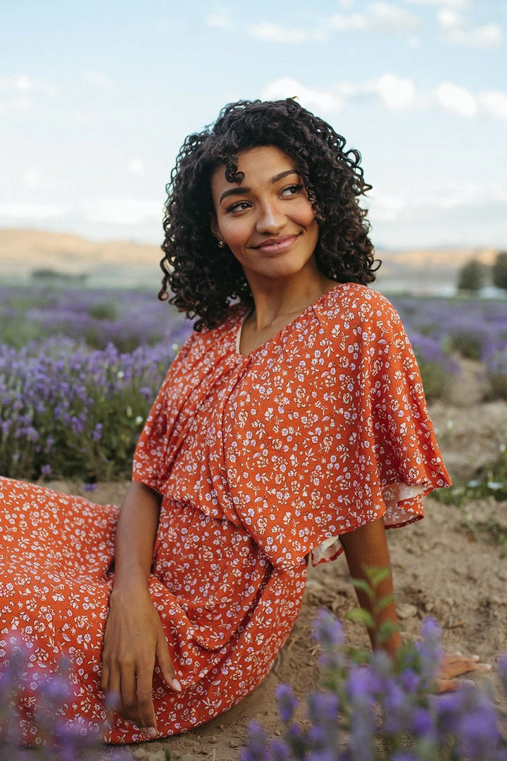 Piper & Scoot: The Campbell Dolman Sleeve Midi Dress In Rust Floral