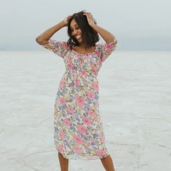Piper & Scoot The Sasha Floral Midi Dress In Pink + Blue Dresses