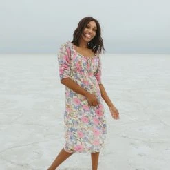 Piper & Scoot The Sasha Floral Midi Dress In Pink + Blue Dresses