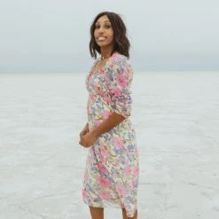 Piper & Scoot The Sasha Floral Midi Dress In Pink + Blue Dresses