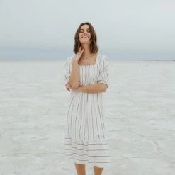 Piper & Scoot The Zane Square Neck Striped Dress In Ivory
