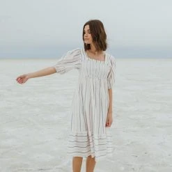 Piper & Scoot The Zane Square Neck Striped Dress In Ivory