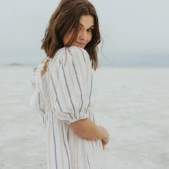 Piper & Scoot The Zane Square Neck Striped Dress In Ivory