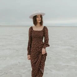 Piper & Scoot The Caspian Smocked Floral Midi Dress In Brown