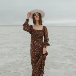 Piper & Scoot The Caspian Smocked Floral Midi Dress In Brown