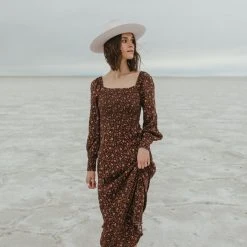 Piper & Scoot The Caspian Smocked Floral Midi Dress In Brown