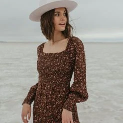 Piper & Scoot The Caspian Smocked Floral Midi Dress In Brown