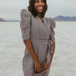 Piper & Scoot The Zilles Puff Sleeve Floral Dress In Lavender + Black