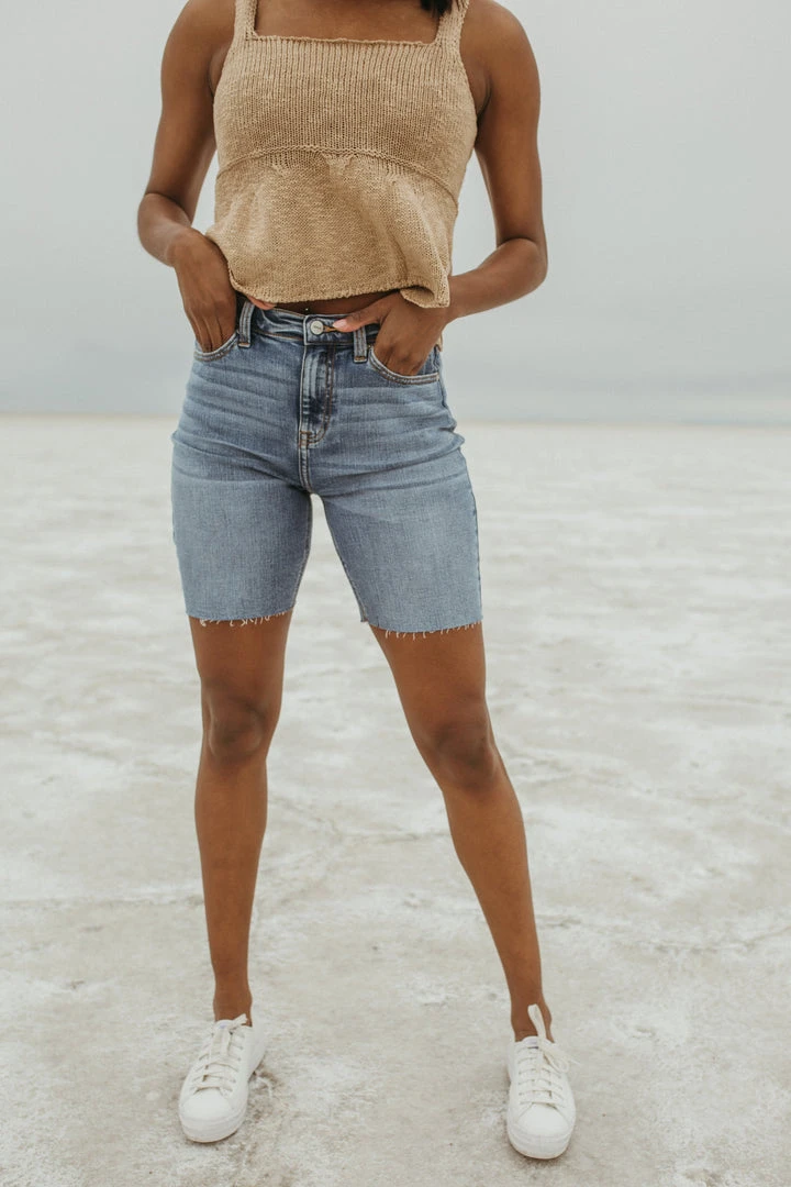 Piper & Scoot Denim: The High Rise Bermuda Short In Medium Blue