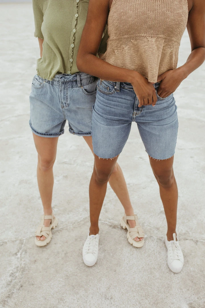 Piper & Scoot Denim: The High Rise Bermuda Short In Medium Blue