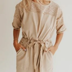Piper & Scoot The Salford Lace Contrast Jumpsuit In Natural Bottoms + Jumpsuits