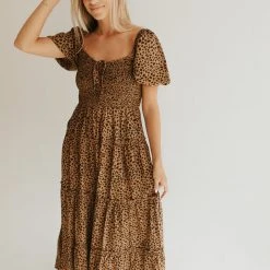 Piper & Scoot The Lanie Spotted Midi Dress In Brown