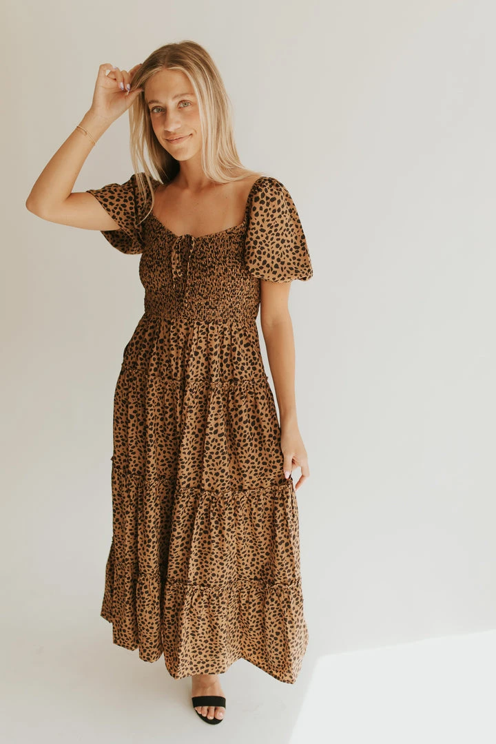 Piper & Scoot The Lanie Spotted Midi Dress In Brown