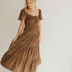 Piper & Scoot The Lanie Spotted Midi Dress In Brown