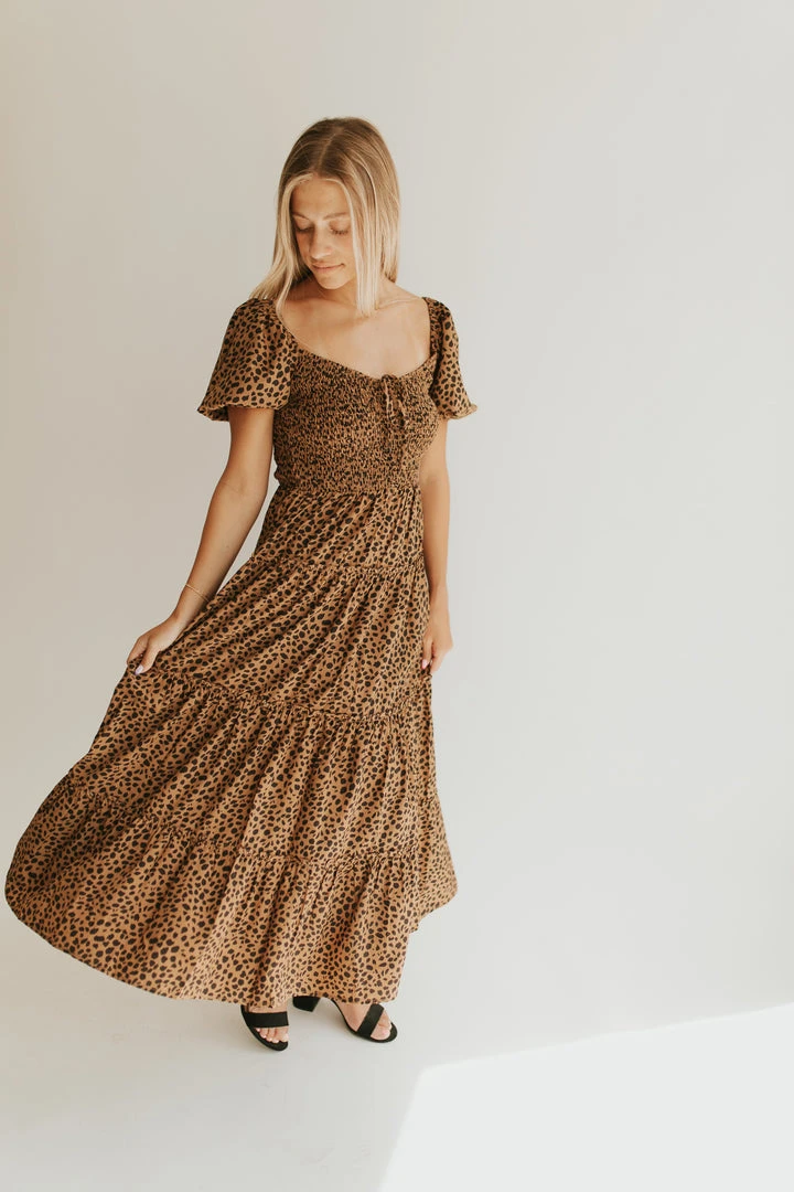 Piper & Scoot The Lanie Spotted Midi Dress In Brown