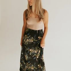 Piper & Scoot The Adelaide Floral Satin Skirt In Black Bottoms + Jumpsuits