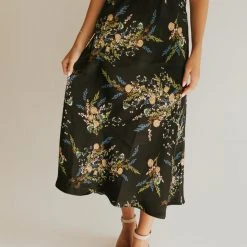 Piper & Scoot The Adelaide Floral Satin Skirt In Black Bottoms + Jumpsuits