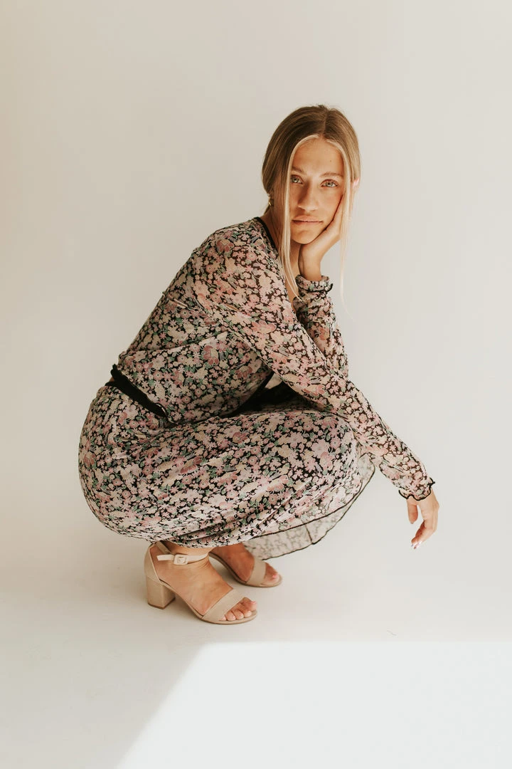 Piper & Scoot The Angelina Floral Tie Layering Blouse In Black