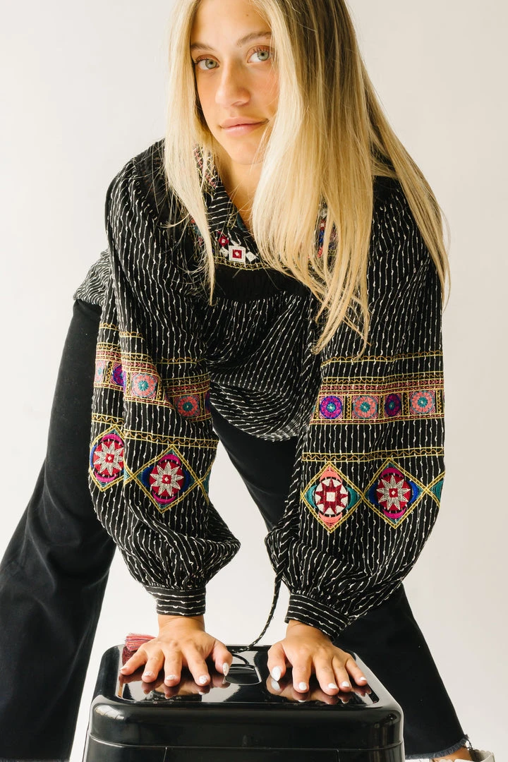 Piper & Scoot The Shiloh Embroidered Blouse In Black Tops