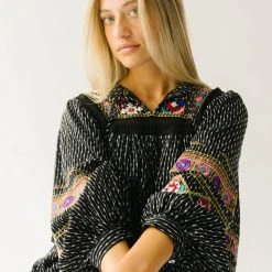 Piper & Scoot The Shiloh Embroidered Blouse In Black Tops
