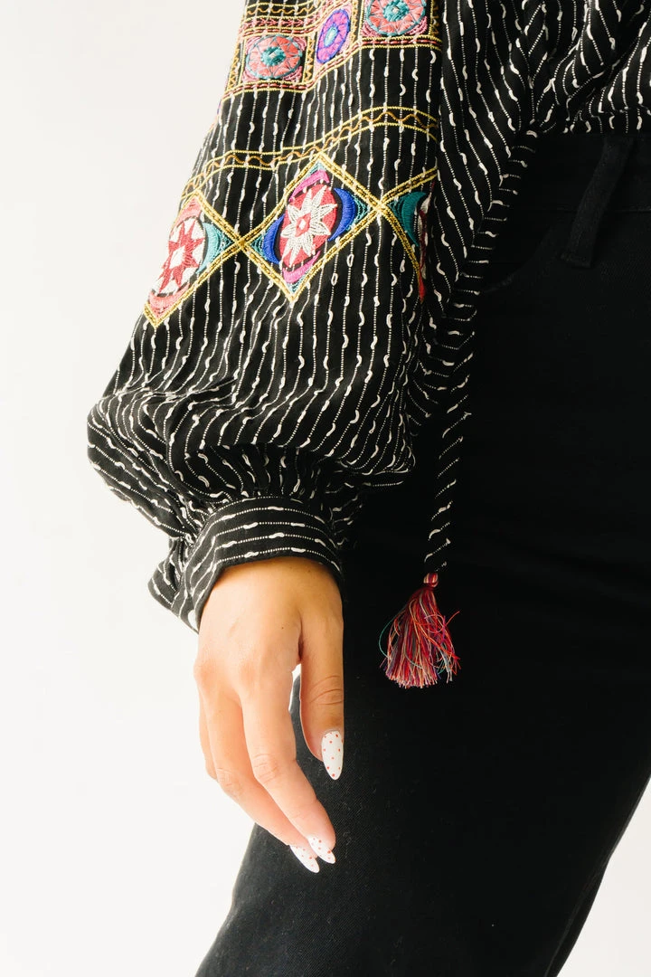 Piper & Scoot The Shiloh Embroidered Blouse In Black Tops