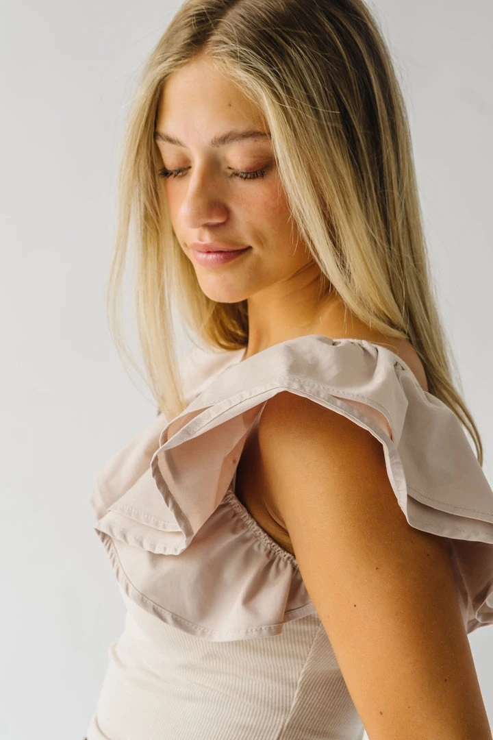 Piper & Scoot The Maddie Ruffle Blouse In Taupe Tops