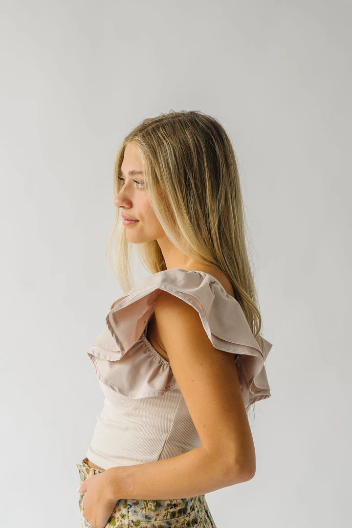 Piper & Scoot The Maddie Ruffle Blouse In Taupe Tops