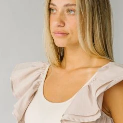 Piper & Scoot The Maddie Ruffle Blouse In Taupe Tops