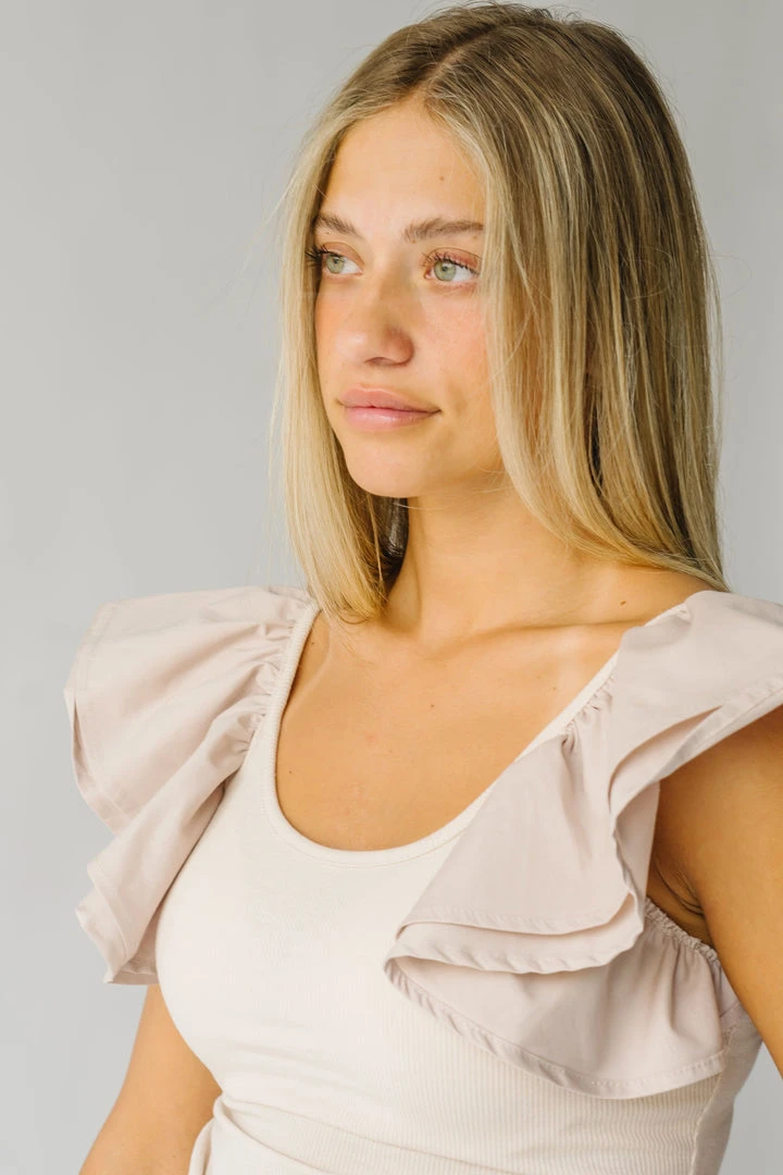 Piper & Scoot The Maddie Ruffle Blouse In Taupe Tops