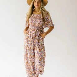 Piper & Scoot The Shonda Belted Square Neck Jumpsuit In Lilac Floral