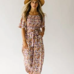 Piper & Scoot The Shonda Belted Square Neck Jumpsuit In Lilac Floral