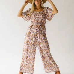 Piper & Scoot The Shonda Belted Square Neck Jumpsuit In Lilac Floral