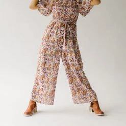Piper & Scoot The Shonda Belted Square Neck Jumpsuit In Lilac Floral