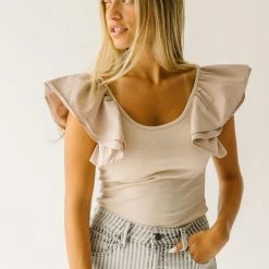 Piper & Scoot The Maddie Ruffle Blouse In Taupe Tops