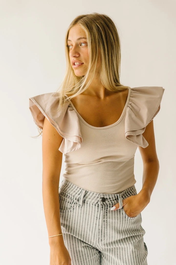 Piper & Scoot The Maddie Ruffle Blouse In Taupe Tops