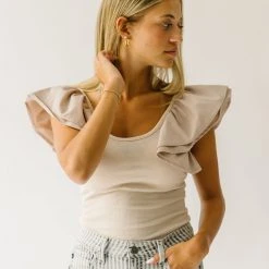 Piper & Scoot The Maddie Ruffle Blouse In Taupe Tops