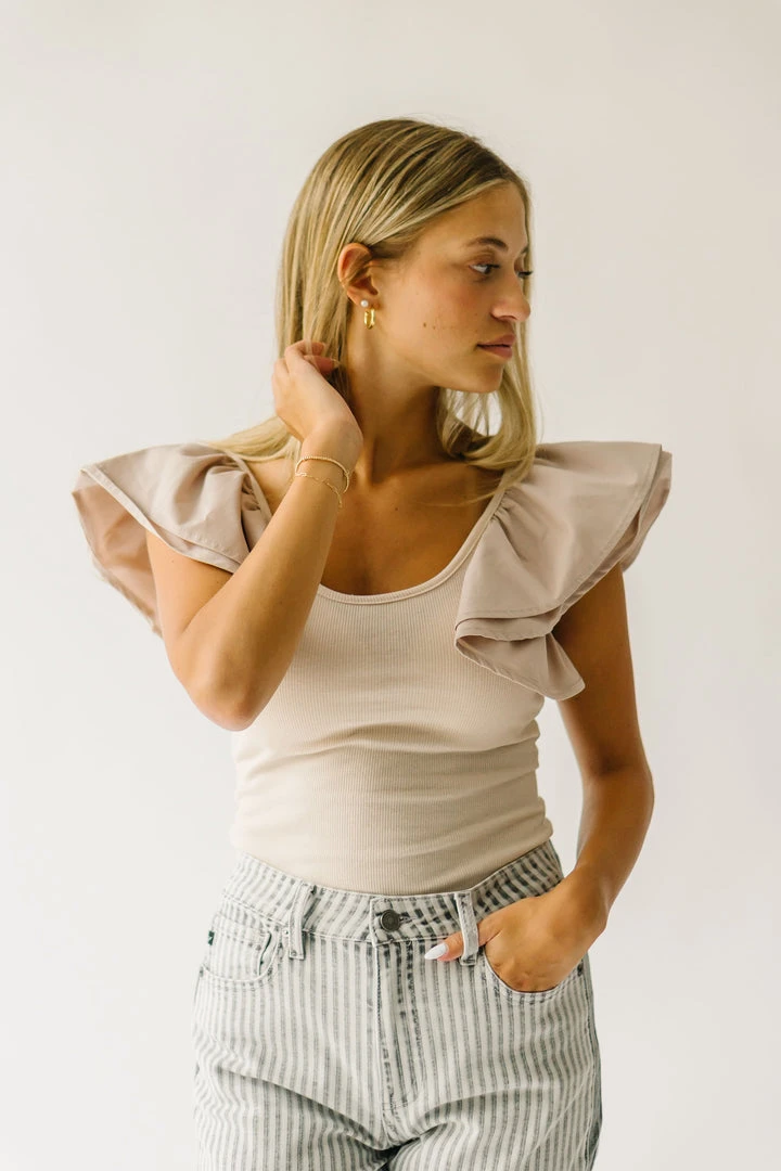 Piper & Scoot The Maddie Ruffle Blouse In Taupe Tops