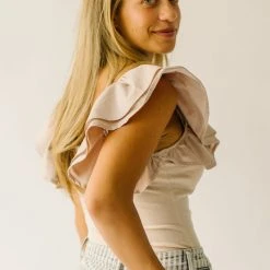 Piper & Scoot The Maddie Ruffle Blouse In Taupe Tops