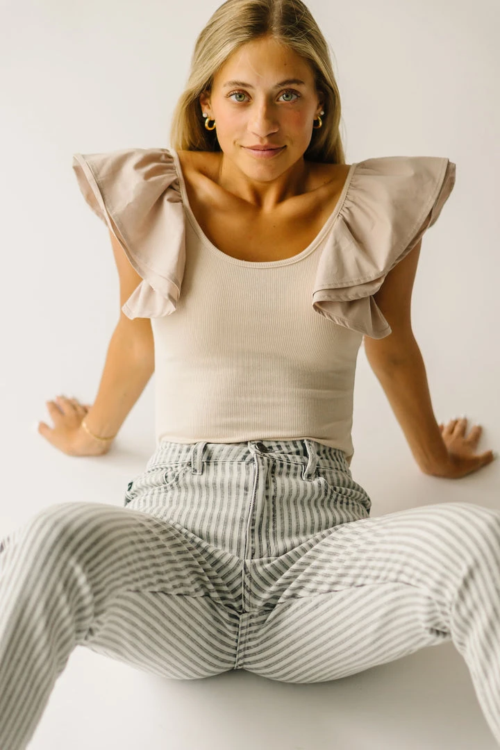 Piper & Scoot The Maddie Ruffle Blouse In Taupe Tops