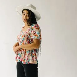 Piper & Scoot Tops The Merk Floral Peplum Blouse In Off White