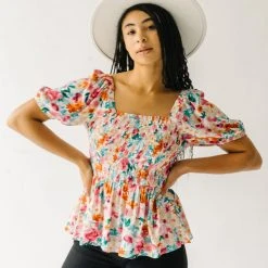 Piper & Scoot Tops The Merk Floral Peplum Blouse In Off White