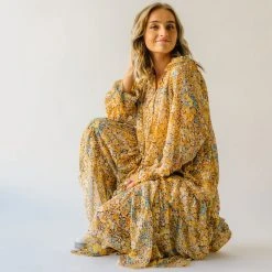 Piper & Scoot The Kerry Floral Tie Dress In Mustard