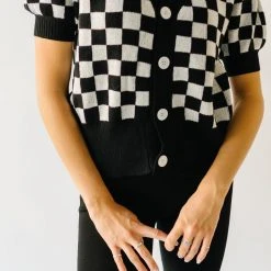 Piper & Scoot The Skyros Retro Gingham Cardigan Top In Black
