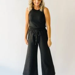 Piper & Scoot The Ronnie Textured Wide Leg Pant In Black Bottoms + Jumpsuits